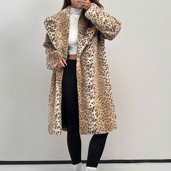 Casual Women's Leopard Print Long Sleeve Faux fur Coat - Picture 1 of 6